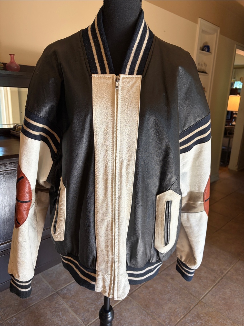 Michael Hoban Black and White Leather Varsity Bomber Jacket with Brown Accents
